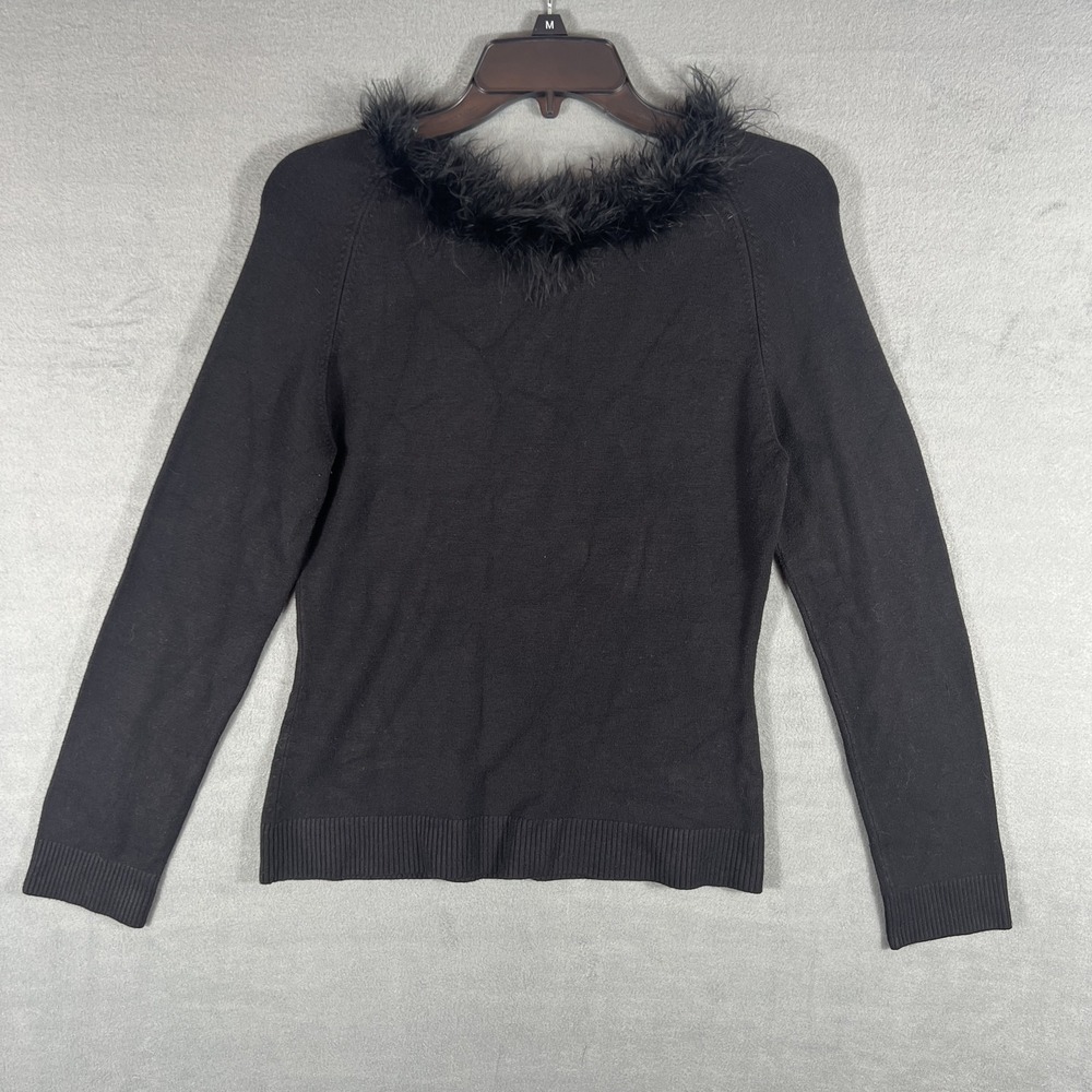 Max Studio Women's Black Feather Trim Long Sleeve Sweater‎ Top Size L Pullover